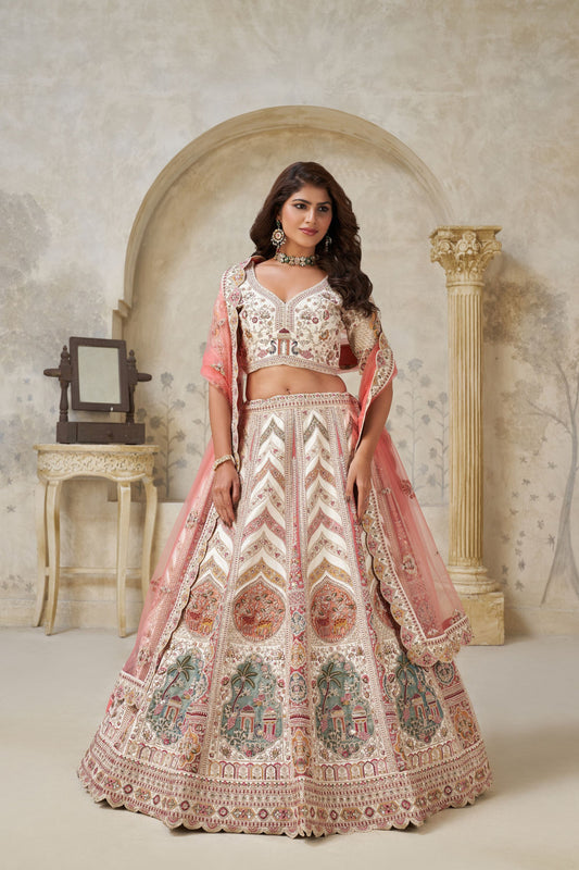 Graceful Cream Silk Embroidered Lehenga Choli with Palace Motifs and Dupatta for Wedding