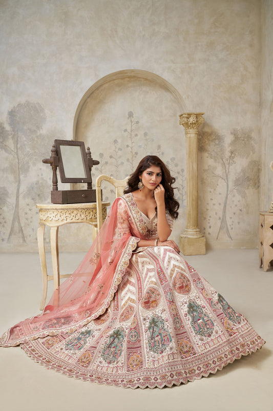 Graceful Cream Silk Embroidered Lehenga Choli with Palace Motifs and Dupatta for Wedding