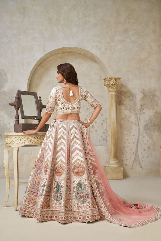Graceful Cream Silk Embroidered Lehenga Choli with Palace Motifs and Dupatta for Wedding