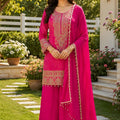 Stunning Rani Pink Viscose Jacquard Silk Palazzo Suit with Embroidery Work and Matching Dupatta