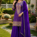 Outstanding Purple Viscose Jacquard Silk Palazzo Suit with Embroidery Work and Matching Dupatta