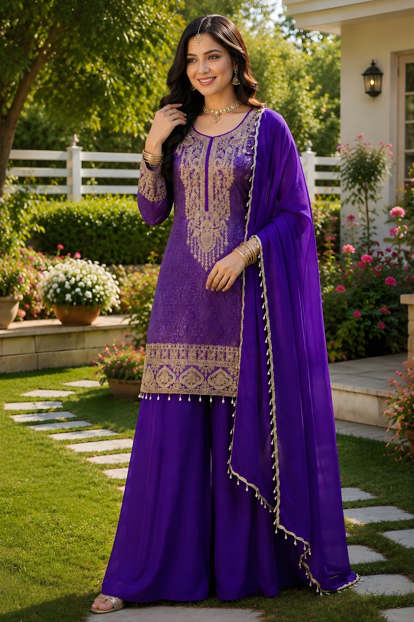 Outstanding Purple Viscose Jacquard Silk Palazzo Suit with Embroidery Work and Matching Dupatta