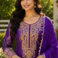 Outstanding Purple Viscose Jacquard Silk Palazzo Suit with Embroidery Work and Matching Dupatta