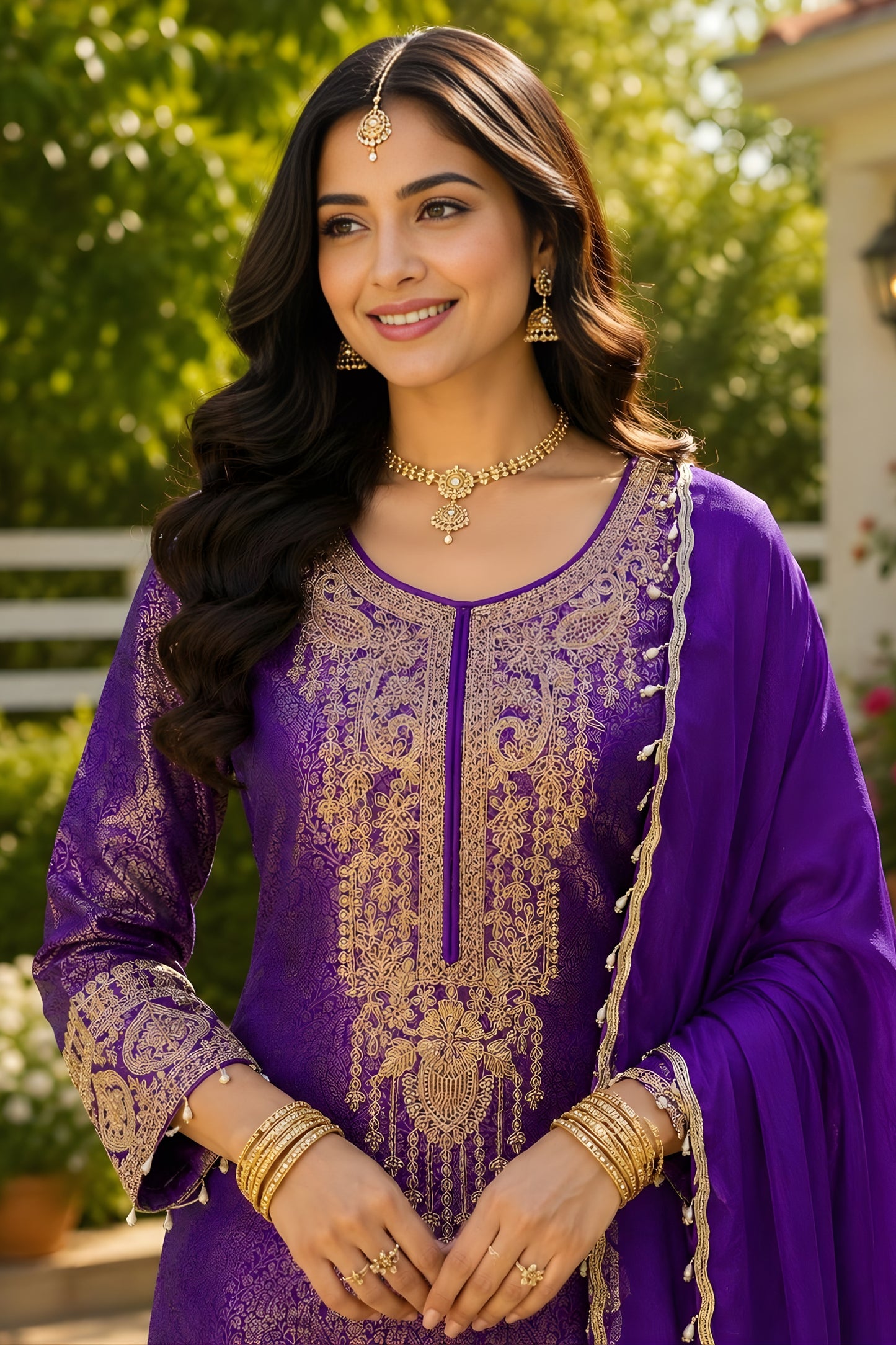 Outstanding Purple Viscose Jacquard Silk Palazzo Suit with Embroidery Work and Matching Dupatta