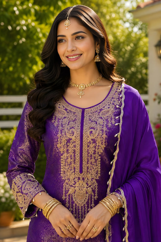 Outstanding Purple Viscose Jacquard Silk Palazzo Suit with Embroidery Work and Matching Dupatta