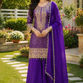 Outstanding Purple Viscose Jacquard Silk Palazzo Suit with Embroidery Work and Matching Dupatta