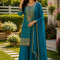 Elegant Teal Blue Viscose Jacquard Silk Palazzo Suit with Embroidery Work and Matching Dupatta