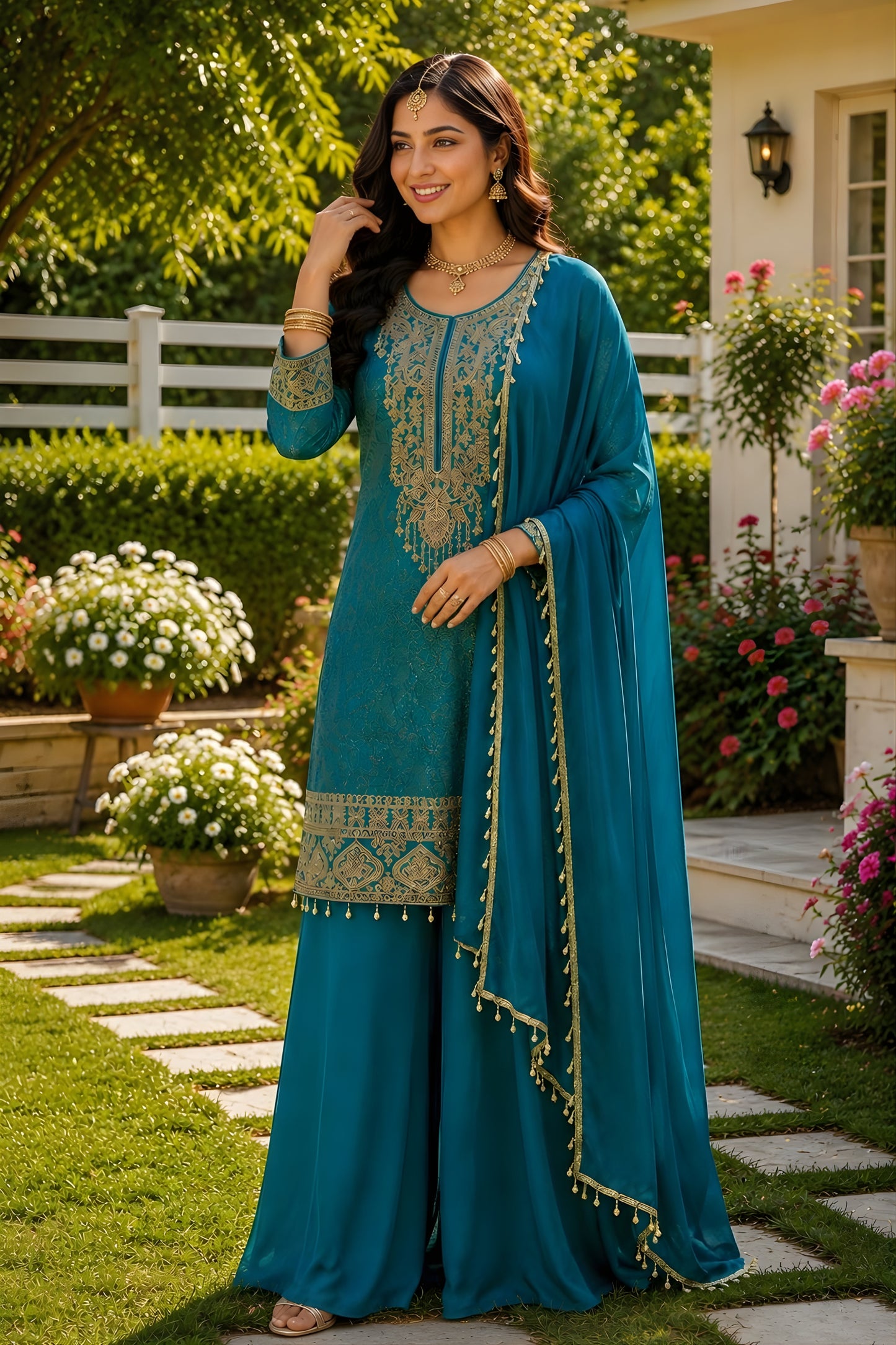 Elegant Teal Blue Viscose Jacquard Silk Palazzo Suit with Embroidery Work and Matching Dupatta