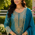 Elegant Teal Blue Viscose Jacquard Silk Palazzo Suit with Embroidery Work and Matching Dupatta