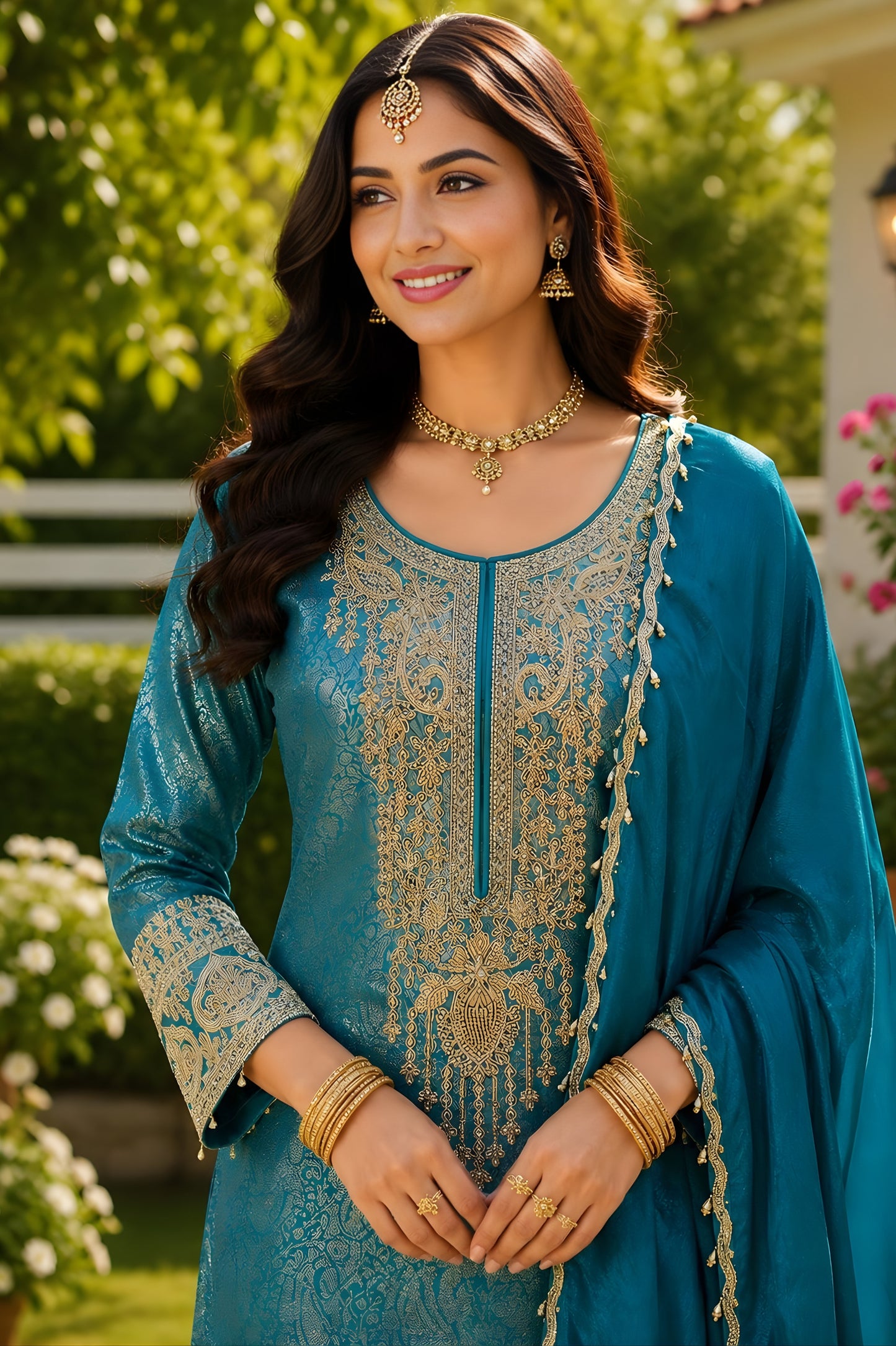 Elegant Teal Blue Viscose Jacquard Silk Palazzo Suit with Embroidery Work and Matching Dupatta