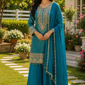 Elegant Teal Blue Viscose Jacquard Silk Palazzo Suit with Embroidery Work and Matching Dupatta