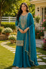 Elegant Teal Blue Viscose Jacquard Silk Palazzo Suit with Embroidery Work and Matching Dupatta