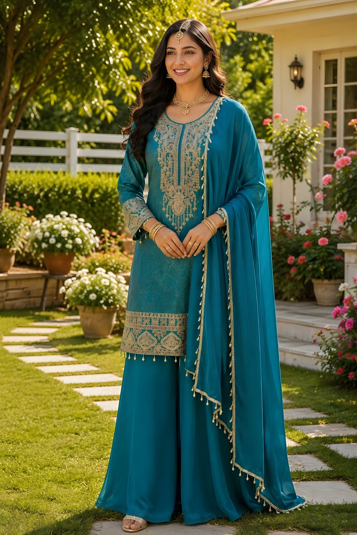 Elegant Teal Blue Viscose Jacquard Silk Palazzo Suit with Embroidery Work and Matching Dupatta