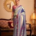 Elegant Blue Silver Banarasi Silk Saree with Pink Border 