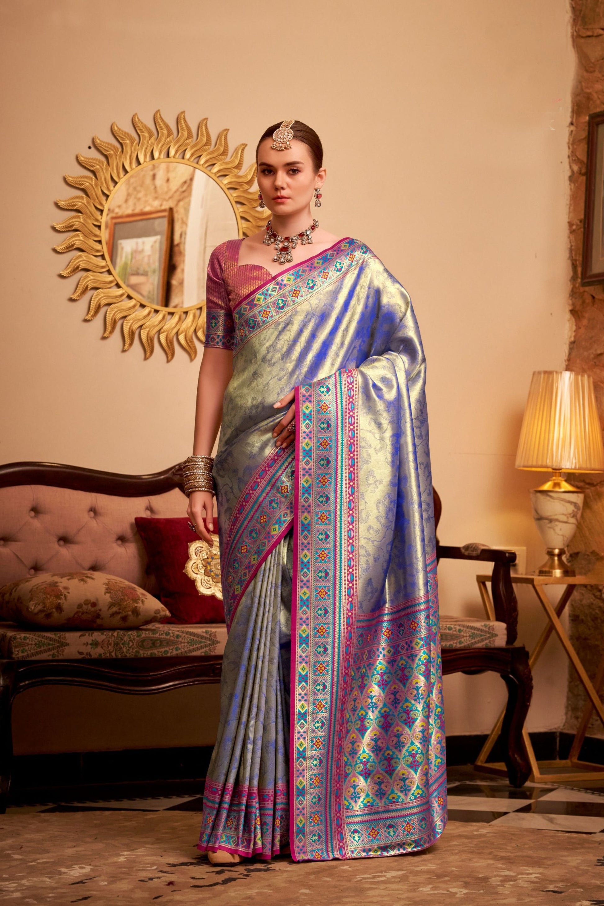 Elegant Blue Silver Banarasi Silk Saree with Pink Border 