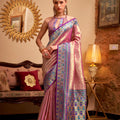 Elegant Pink Banarasi Silk Saree with Blue Purple Woven Border 