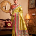 Elegant Yellow Banarasi Silk Saree with Pink & Blue Woven Border