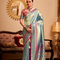 Elegant Sky Blue Banarasi Silk Saree with Pink & Blue Woven Border