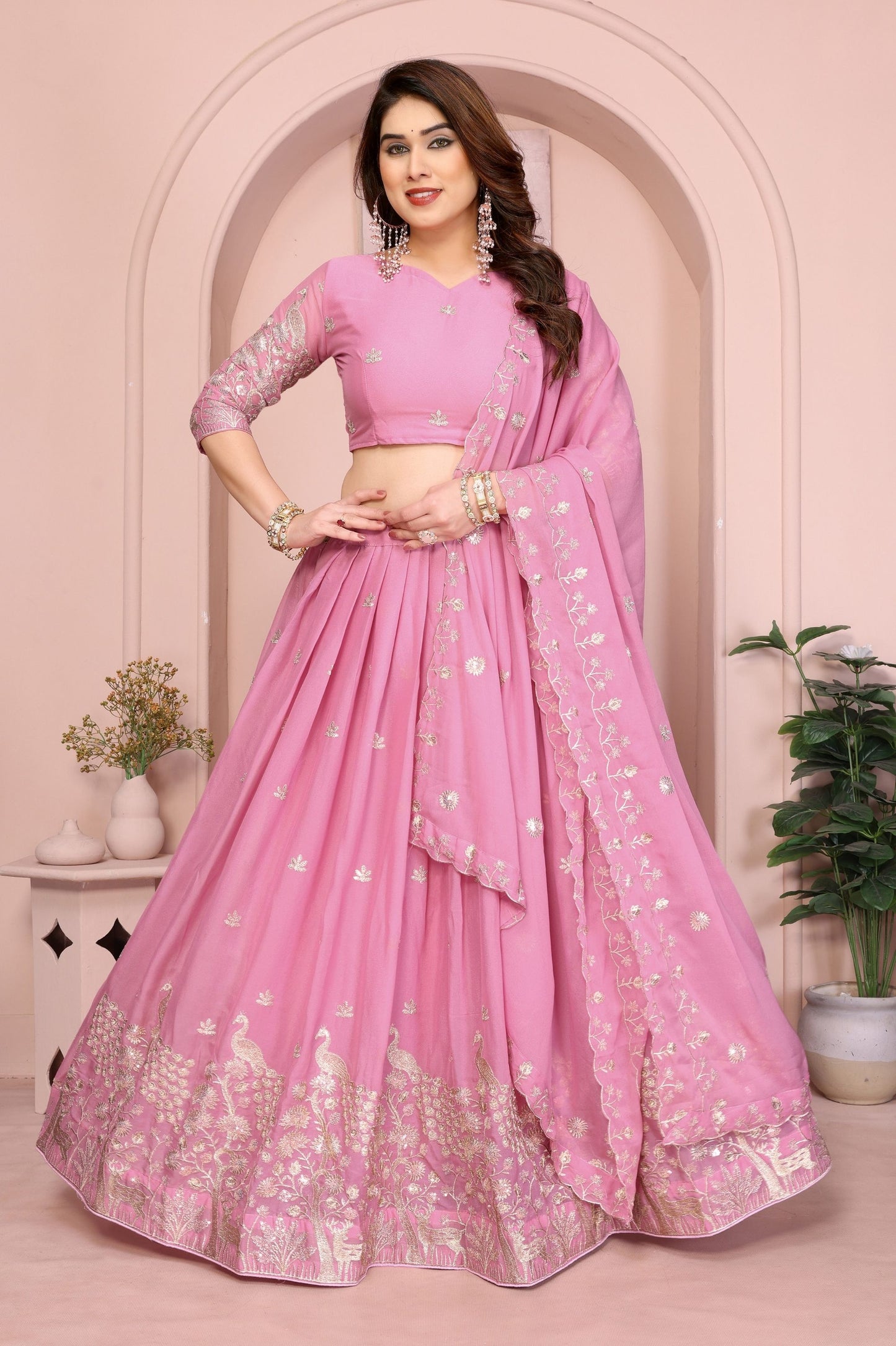 Pink Embroidered Lehenga Choli with Dupatta Silk Blend Bridal Party Wear 