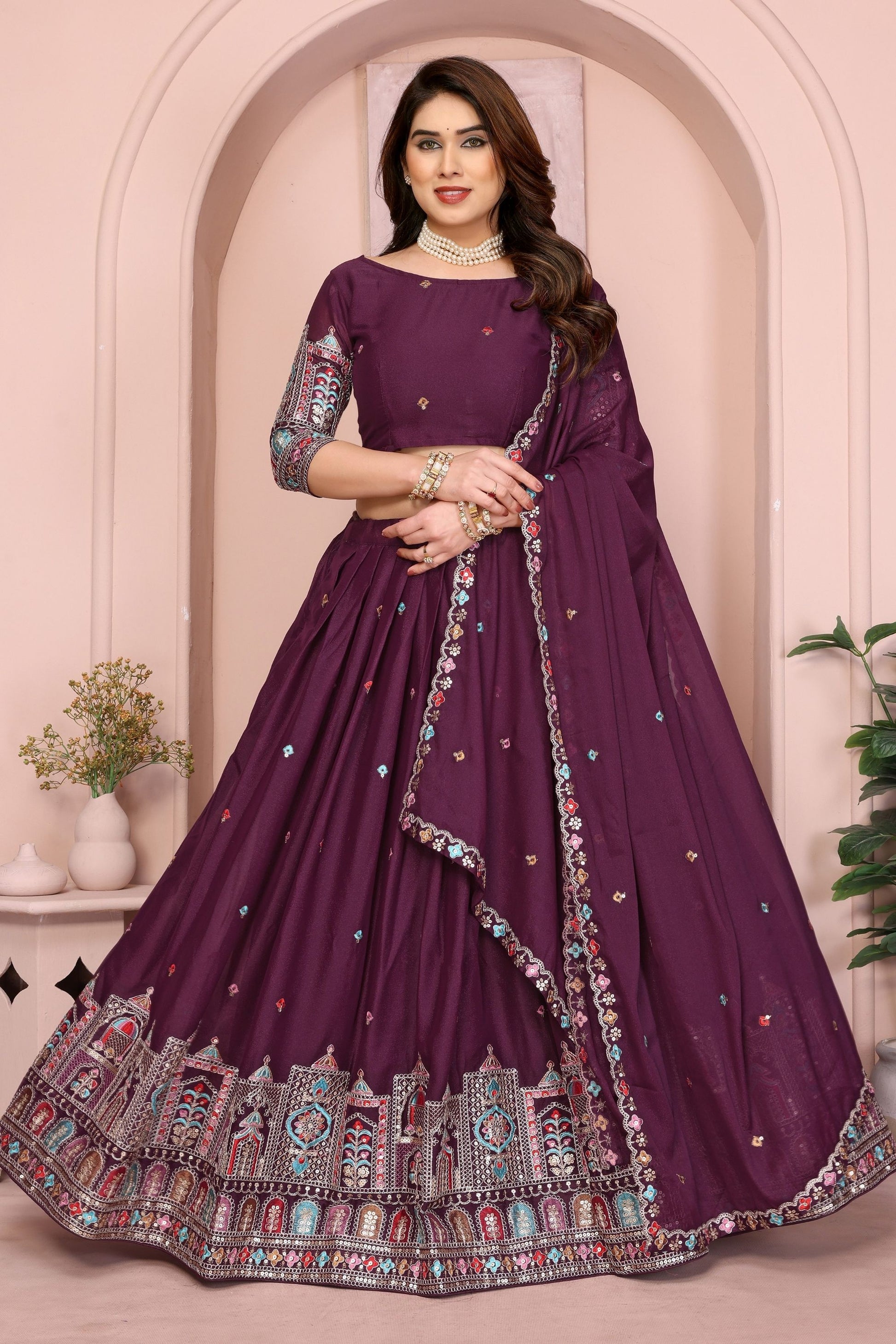 Dark Purple Embroidered Lehenga Choli with Dupatta Silk Blend Traditional Festive Wear 