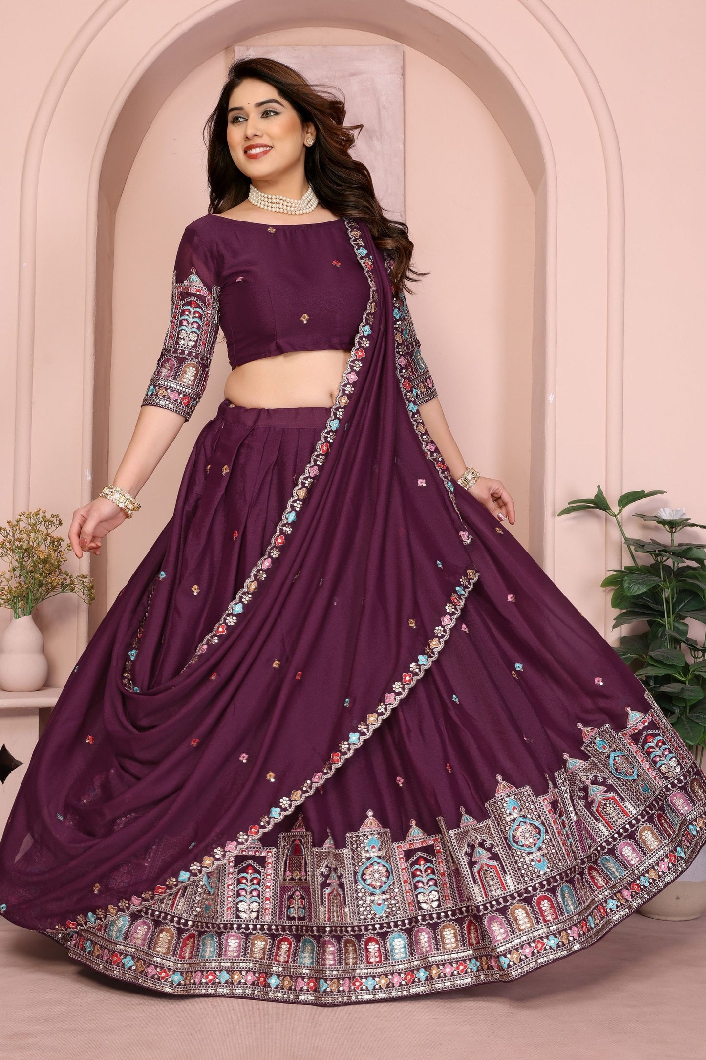Dark Purple Embroidered Lehenga Choli with Dupatta Silk Blend Traditional Festive Wear