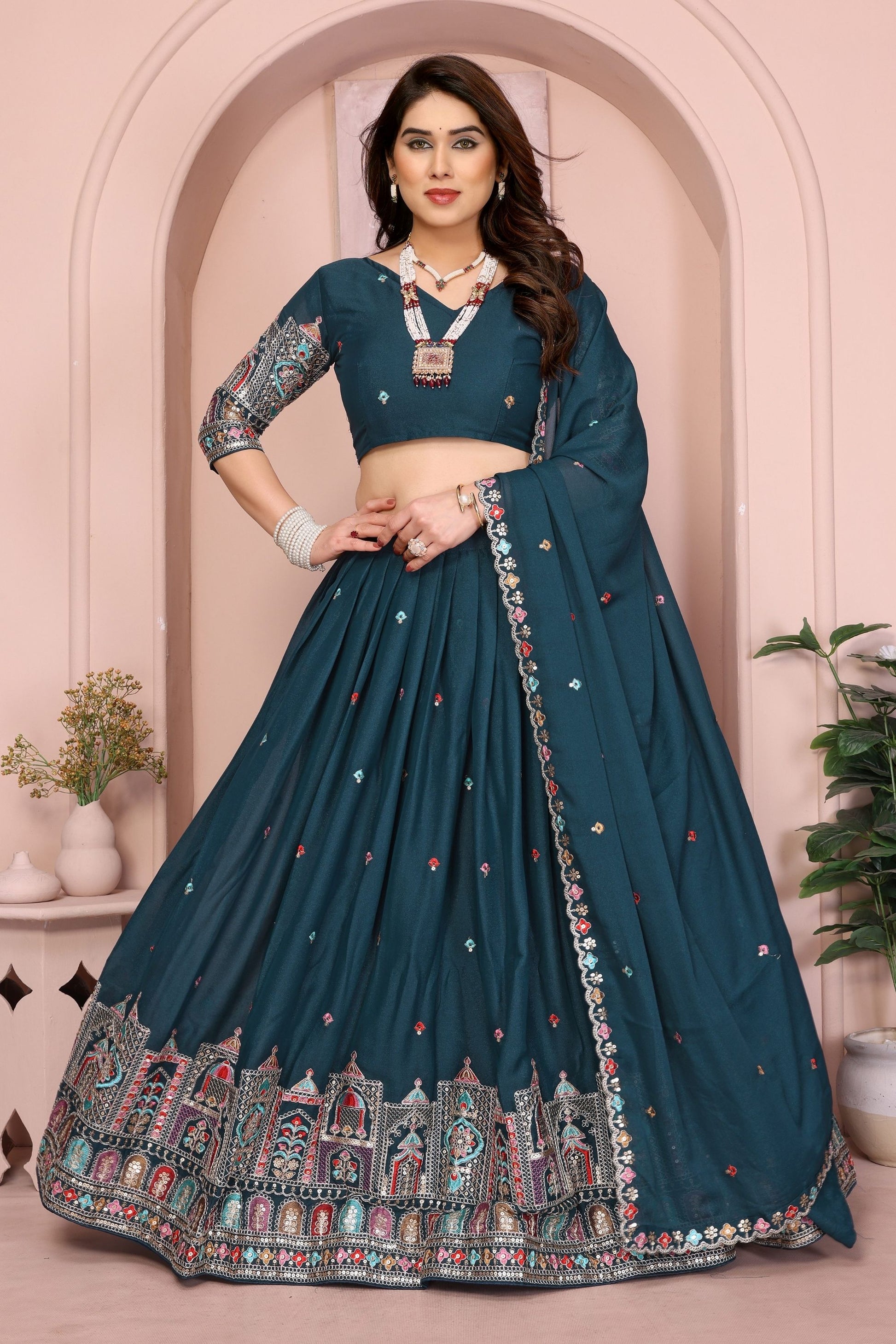 Teal Blue Embroidered Lehenga Choli with Dupatta Silk Blend Traditional Festive Wear 