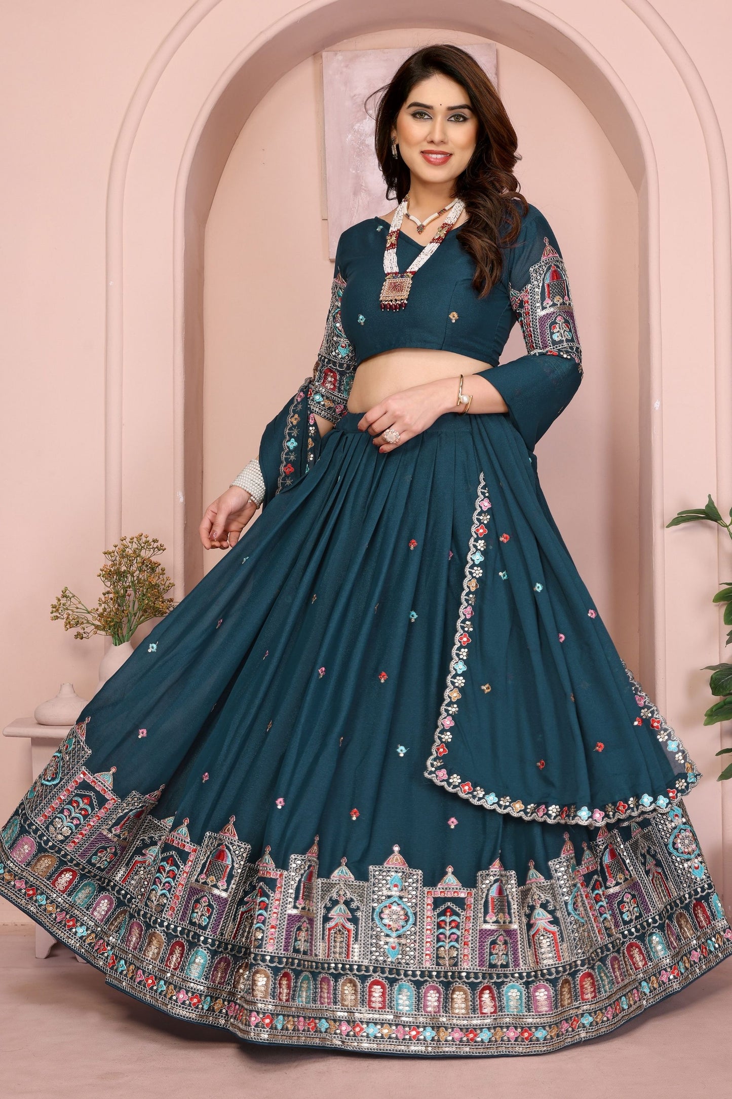 Teal Blue Embroidered Lehenga Choli with Dupatta Silk Blend Traditional Festive Wear