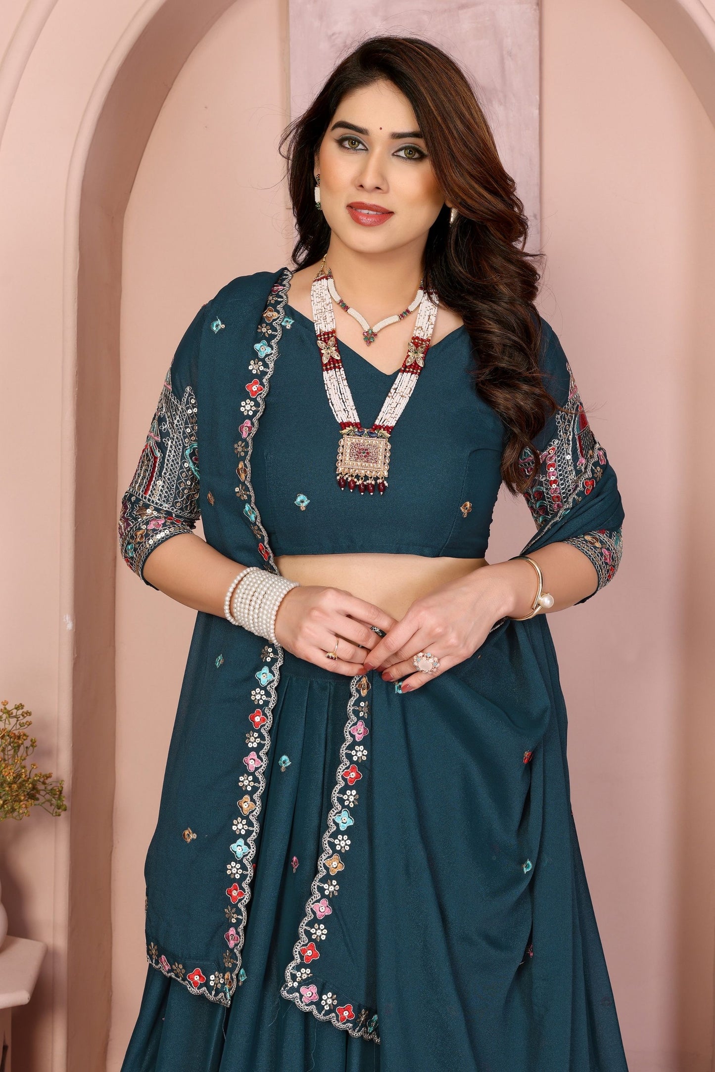 Teal Blue Embroidered Lehenga Choli with Dupatta Silk Blend Traditional Festive Wear