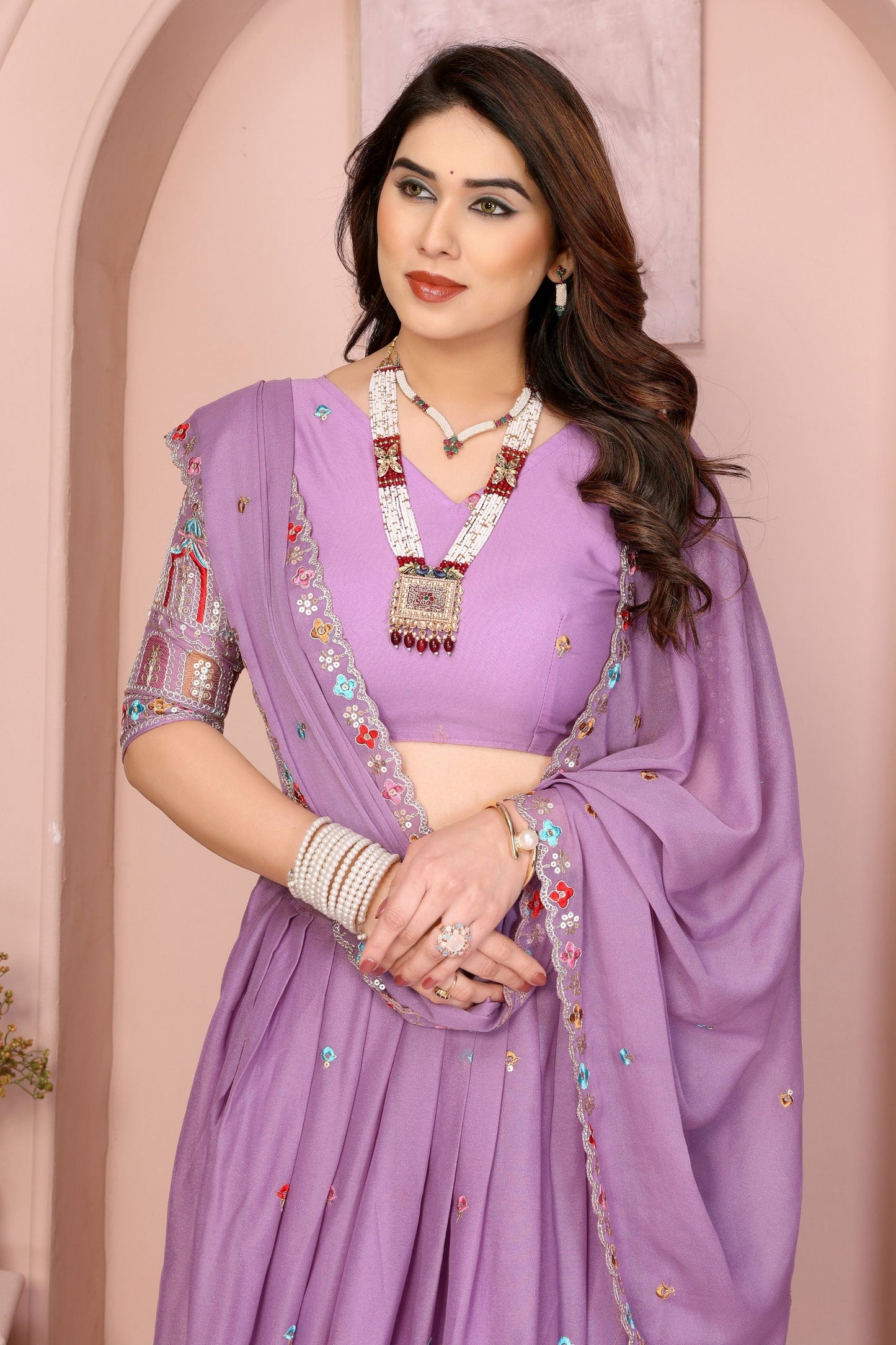 Lavender Embroidered Lehenga Choli with Dupatta Silk Blend Traditional Festive