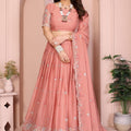 Peach Pink Floral Embroidered Lehenga Choli with Dupatta Silk Blend Wedding Festive Wear 