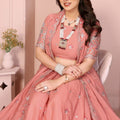 Peach Pink Floral Embroidered Lehenga Choli with Dupatta Silk Blend Wedding Festive Wear