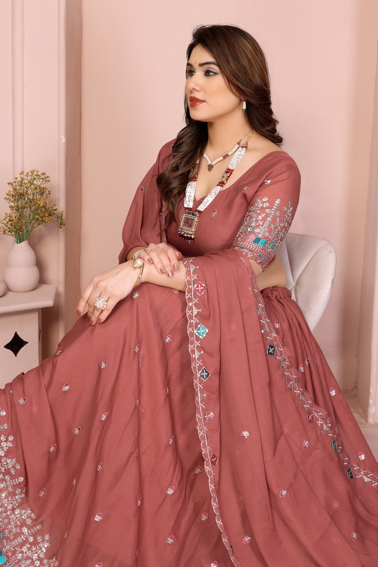 Rust Brown Floral Embroidered Lehenga Choli with Dupatta Silk Blend Traditional Festive Wear