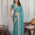 Teal Blue Georgette Saree with Embroidered Border Floral Motifs Party Wear 