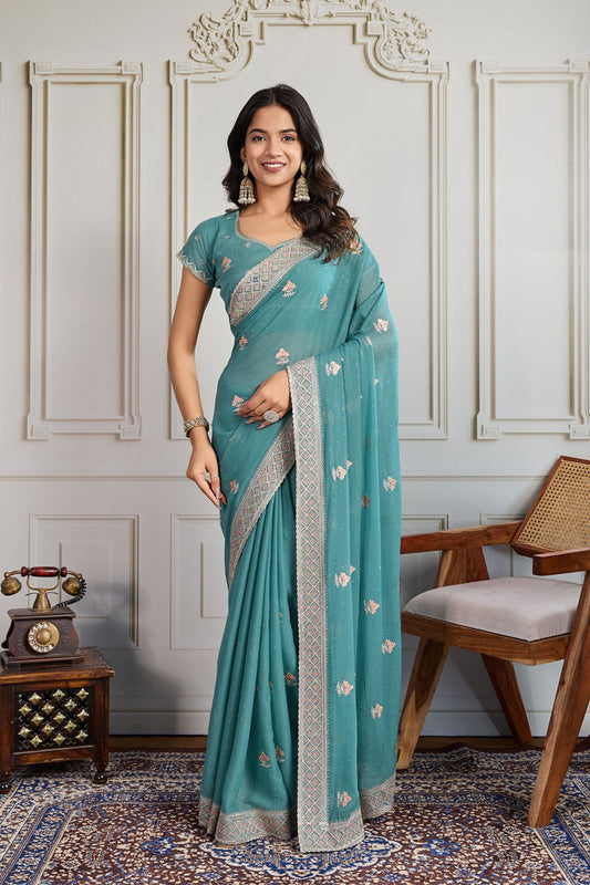 Teal Blue Georgette Saree with Embroidered Border Floral Motifs Party Wear 