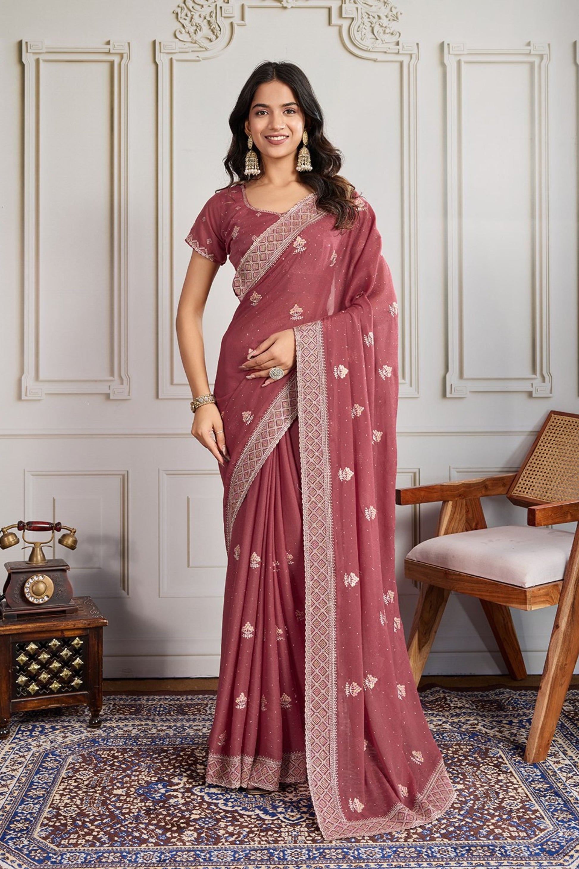 Dusty Pink Georgette Saree with Embroidered Border Matching Blouse