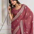 Dusty Pink Georgette Saree with Embroidered Border Matching Blouse