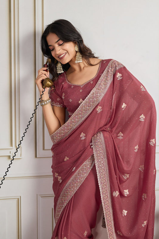 Dusty Pink Georgette Saree with Embroidered Border Matching Blouse