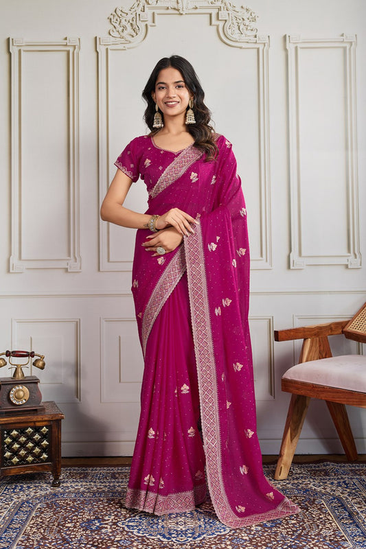Magenta Georgette Saree with Embroidered Border Butti Work