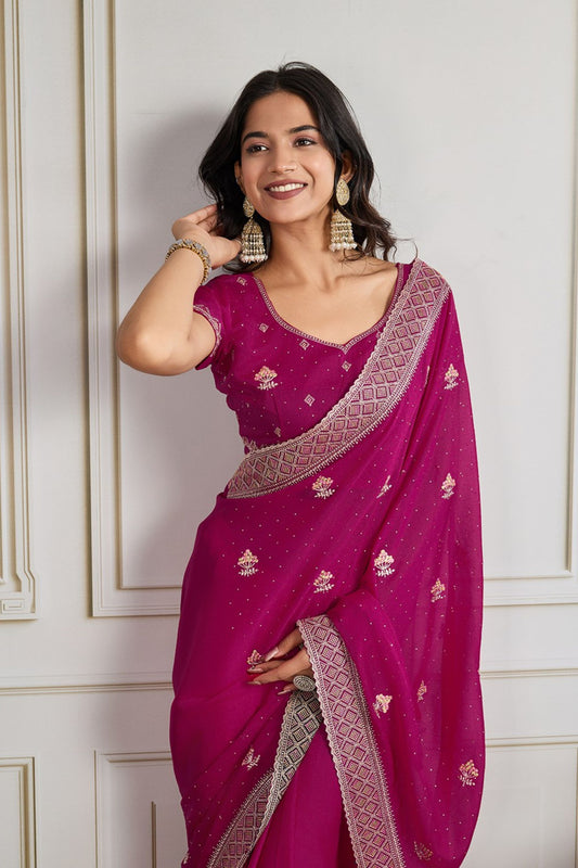 Magenta Georgette Saree with Embroidered Border Butti Work