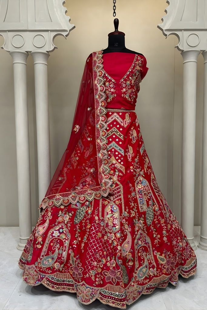 Opulent Red Embroidered Silk Bridal Lehenga Choli with Net Dupatta