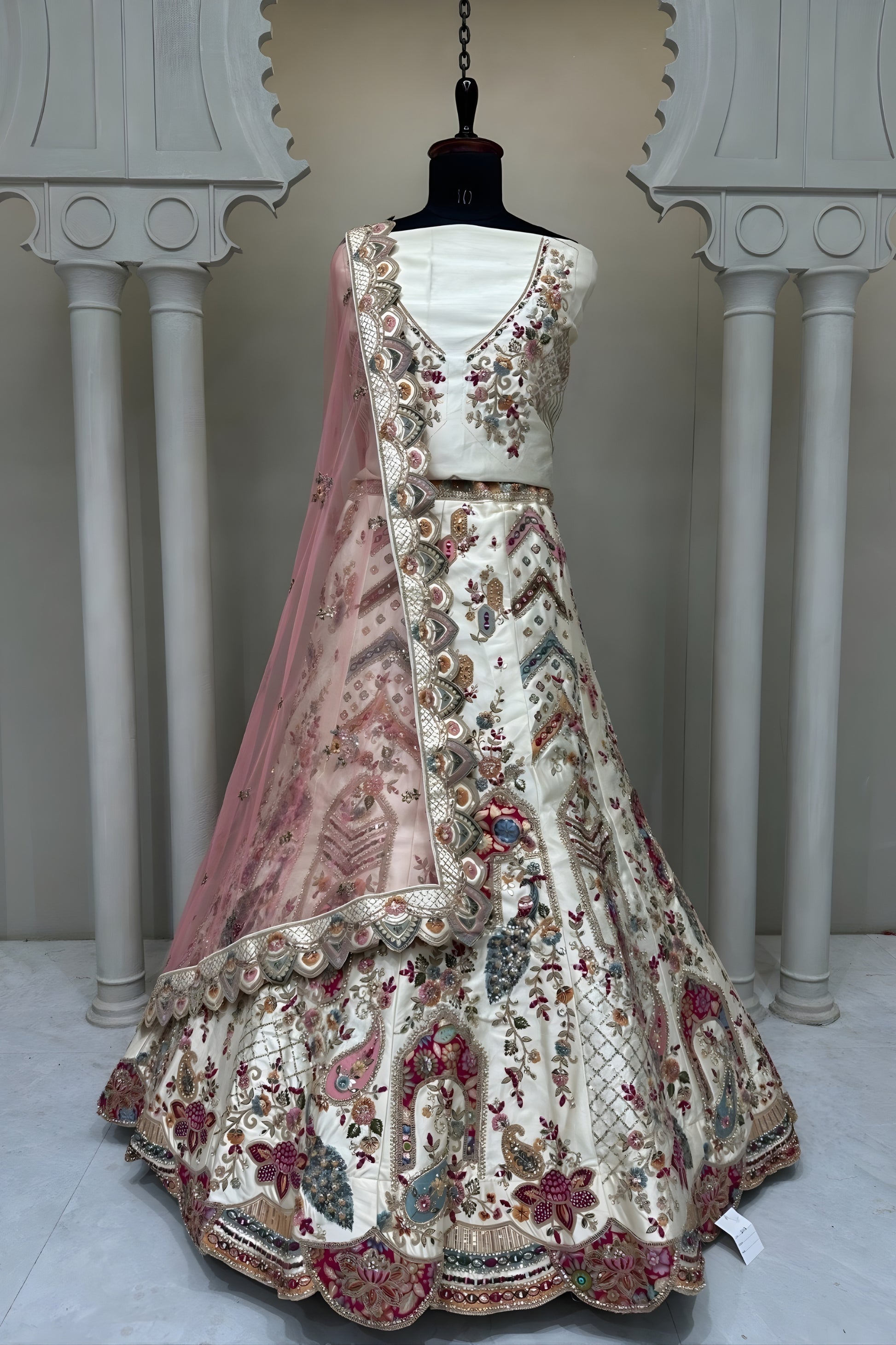 Grateful White Embroidered Silk Bridal Lehenga Choli with Net Dupatta