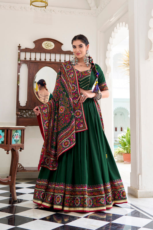 Green Embroidered Navratri Lehenga Choli with Dupatta Traditional Gujarati  Ghagra Choli for Festivals 