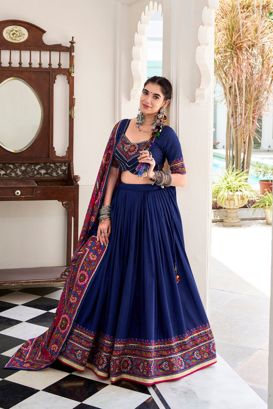 Navy Blue Embroidered Navratri Lehenga Choli with Dupatta Traditional Gujarati for Women