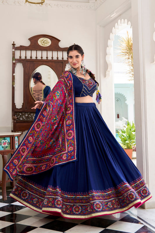 Navy Blue Embroidered Navratri Lehenga Choli with Dupatta Traditional Gujarati for Women