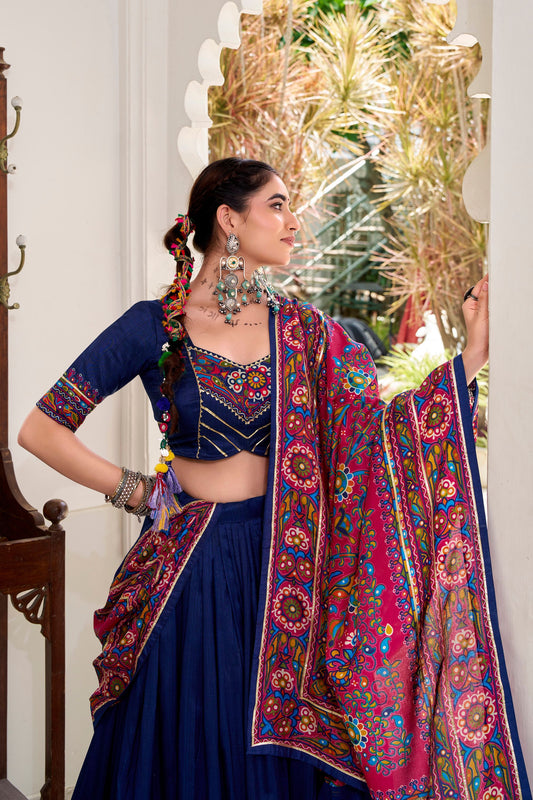 Navy Blue Embroidered Navratri Lehenga Choli with Dupatta Traditional Gujarati for Women