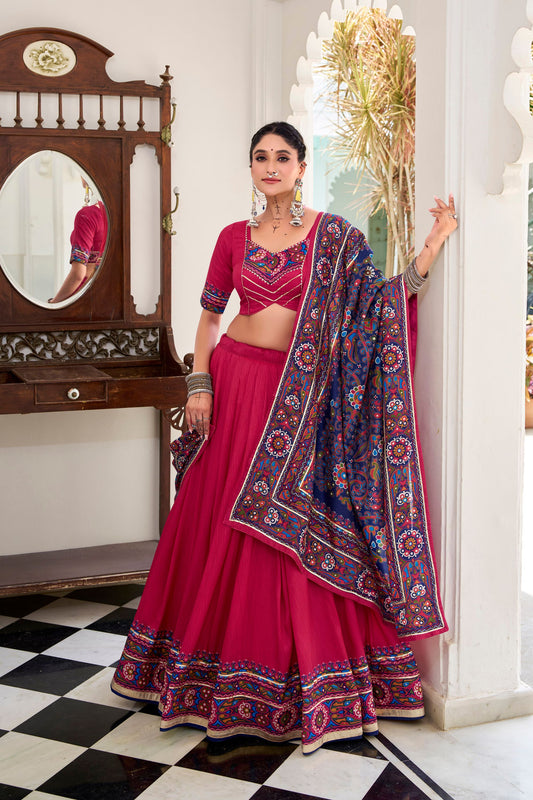 Pink Embroidered Navratri Lehenga Choli with Contrast Dupatta Traditional Gujarati Garba Ghaghra Choli 