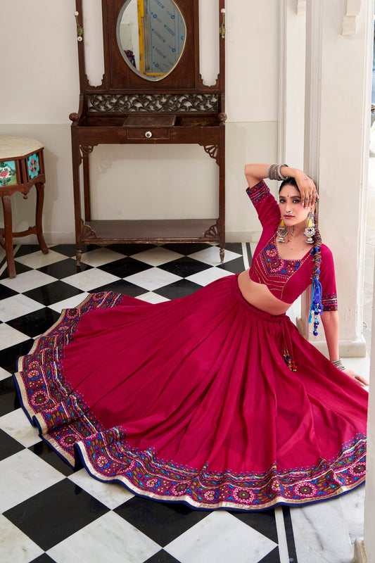 Pink Embroidered Navratri Lehenga Choli with Contrast Dupatta Traditional Gujarati Garba Ghaghra Choli
