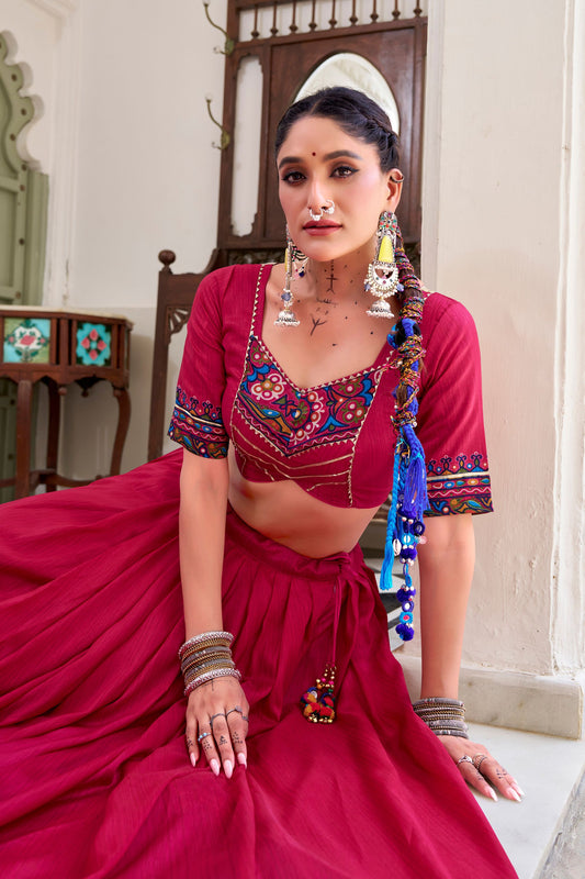 Pink Embroidered Navratri Lehenga Choli with Contrast Dupatta Traditional Gujarati Garba Ghaghra Choli