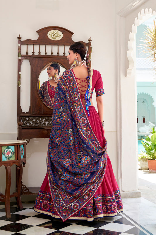 Pink Embroidered Navratri Lehenga Choli with Contrast Dupatta Traditional Gujarati Garba Ghaghra Choli