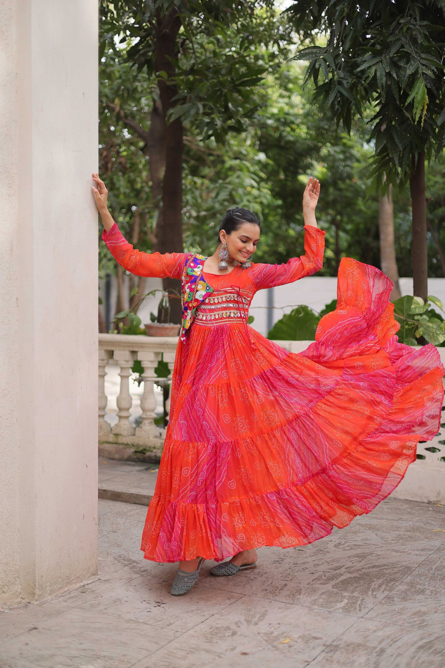 Traditional Red Bandhani Gown with Embroidered Mirror Work Koti